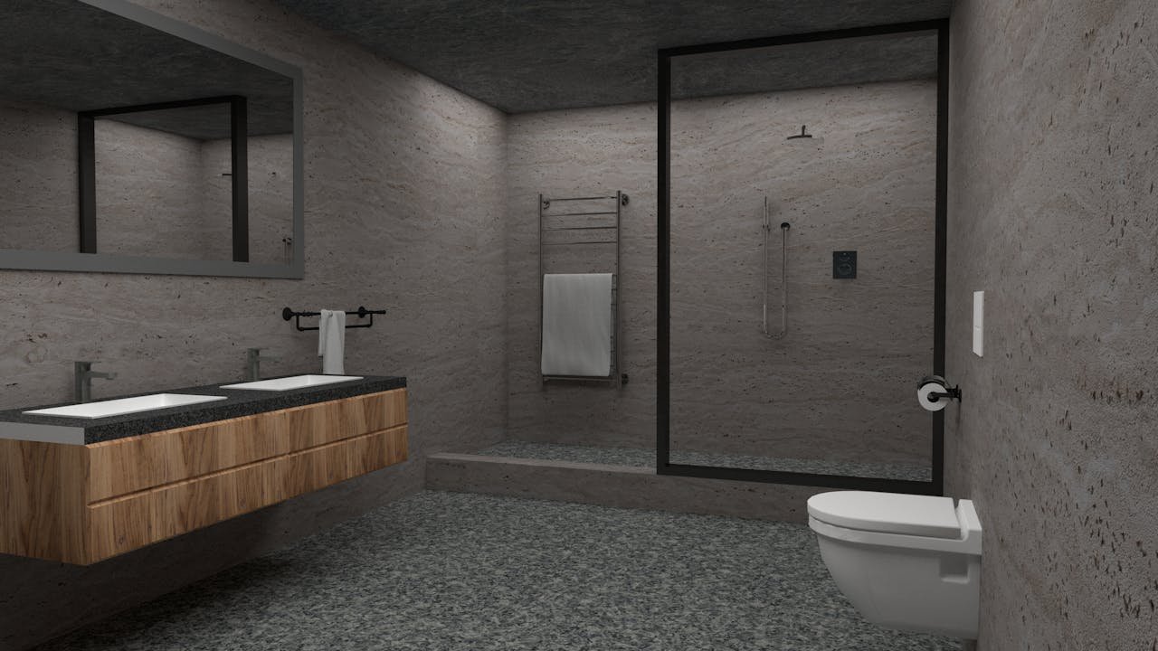 Spacious contemporary bathroom with sleek fixtures and stone finishes.